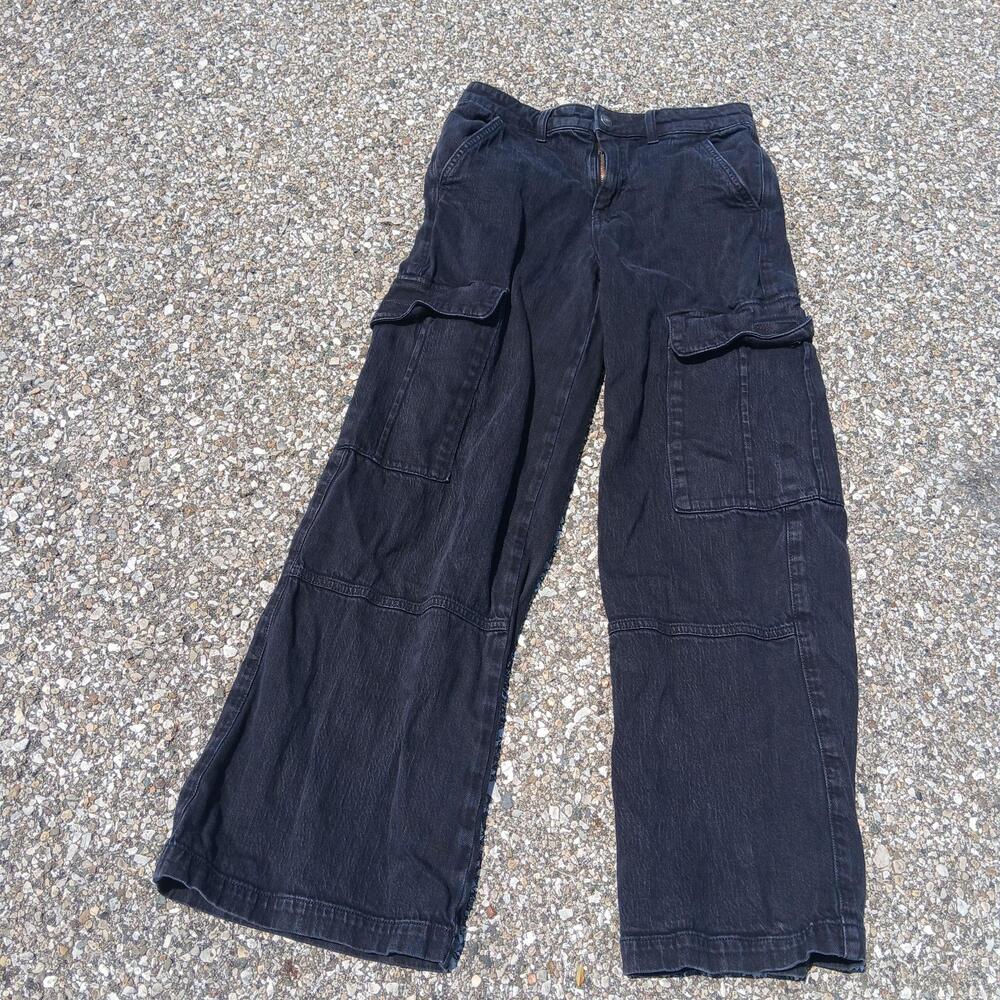 American Eagle Jeans Womens 2 Short Black High Rise Baggy Wide Leg Cargo Denim
